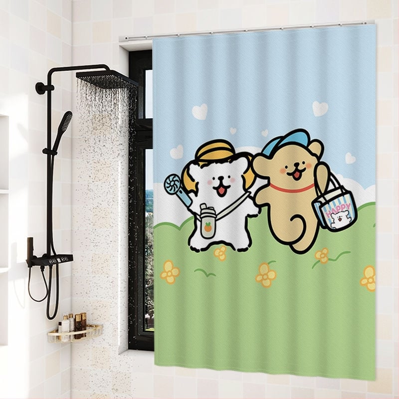 Perdea de fereastră pentru baie – țesătură velur, model floral desen animat, stil simplu.