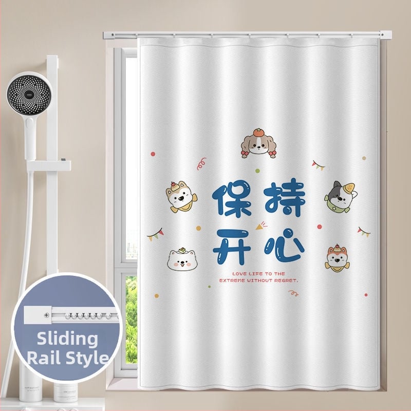 Perdea de fereastră pentru baie – țesătură velur, model floral desen animat, stil simplu.