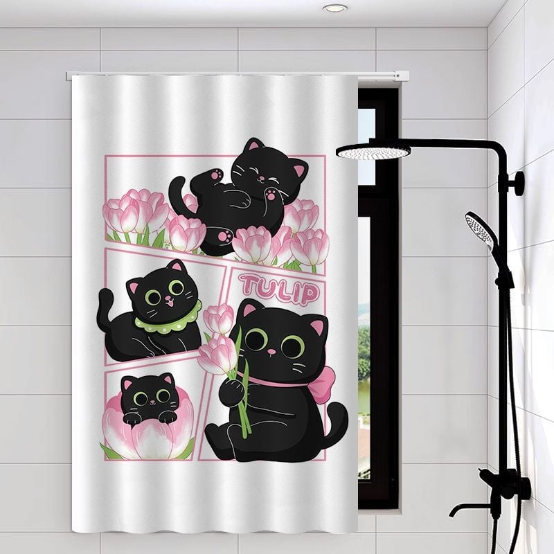 Perdea de fereastră pentru baie – țesătură velur, model floral desen animat, stil simplu.