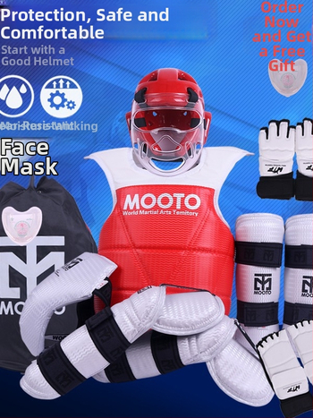 Taekwondo sada ochranných pomôcok s ochranou hlavy, lakťov, lýtka, ramien a členkov, peny materiál, univerzálne použitie