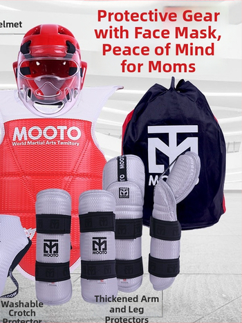 Taekwondo sada ochranných pomôcok s ochranou hlavy, lakťov, lýtka, ramien a členkov, peny materiál, univerzálne použitie