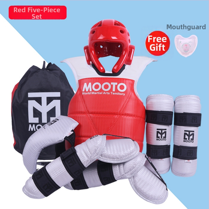 Taekwondo sada ochranných pomôcok s ochranou hlavy, lakťov, lýtka, ramien a členkov, peny materiál, univerzálne použitie