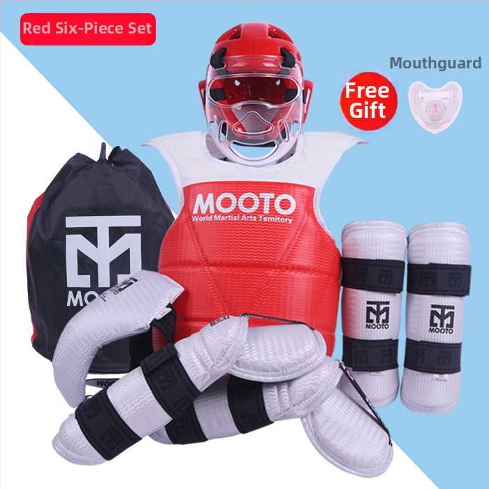Taekwondo sada ochranných pomôcok s ochranou hlavy, lakťov, lýtka, ramien a členkov, peny materiál, univerzálne použitie