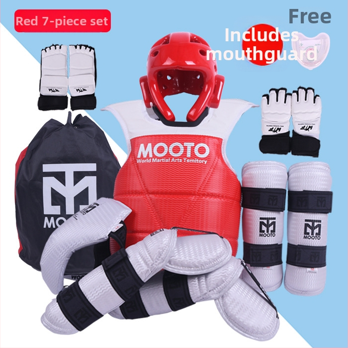 Taekwondo sada ochranných pomôcok s ochranou hlavy, lakťov, lýtka, ramien a členkov, peny materiál, univerzálne použitie