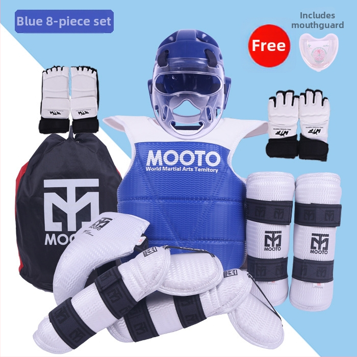 Taekwondo sada ochranných pomôcok s ochranou hlavy, lakťov, lýtka, ramien a členkov, peny materiál, univerzálne použitie
