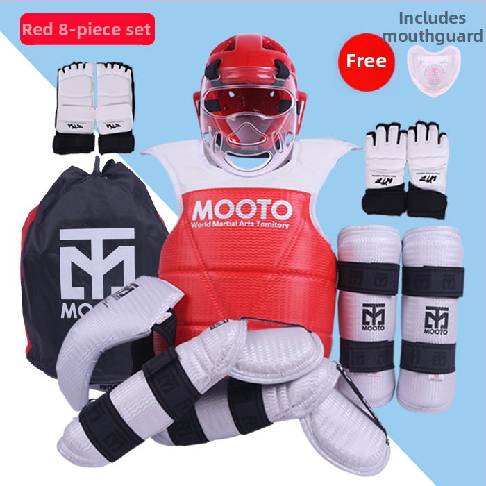 Taekwondo sada ochranných pomôcok s ochranou hlavy, lakťov, lýtka, ramien a členkov, peny materiál, univerzálne použitie