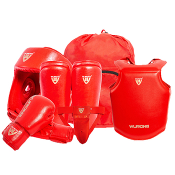 Set protecții Sanda pentru adulți, antrenament de box — protecții cap, piept, picioare și umeri; Material: poliester; Zone de protecție: gambă, umăr, gleznă, genunchi; Cod produs: ZJ-1016
