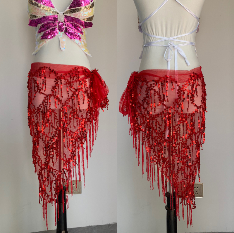 Pojas za ples Belly dance s perlama i resicama, trokutasti oblik, mrežasti materijal, šljokice, proljeće 2024, 90–95% poliester