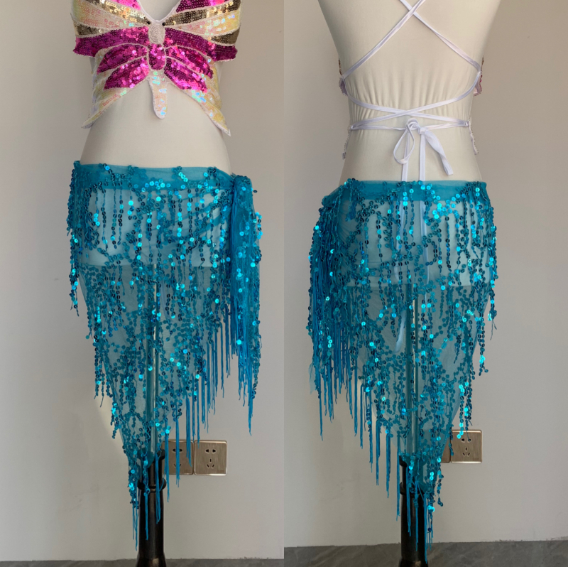 Pojas za ples Belly dance s perlama i resicama, trokutasti oblik, mrežasti materijal, šljokice, proljeće 2024, 90–95% poliester