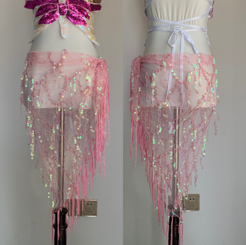 Pojas za ples Belly dance s perlama i resicama, trokutasti oblik, mrežasti materijal, šljokice, proljeće 2024, 90–95% poliester