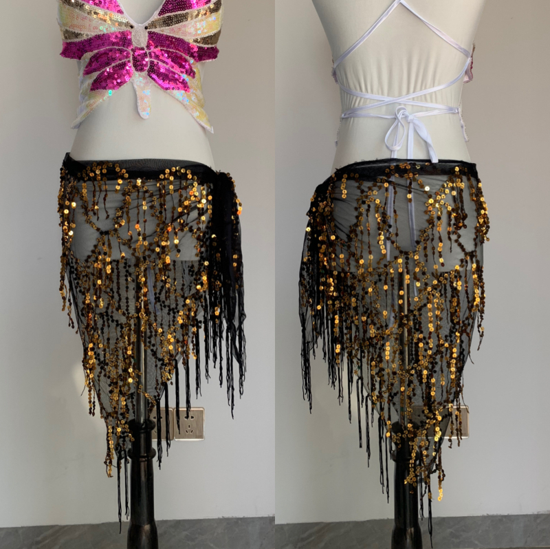 Pojas za ples Belly dance s perlama i resicama, trokutasti oblik, mrežasti materijal, šljokice, proljeće 2024, 90–95% poliester