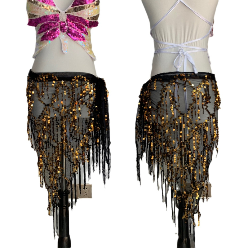 Pojas za ples Belly dance s perlama i resicama, trokutasti oblik, mrežasti materijal, šljokice, proljeće 2024, 90–95% poliester