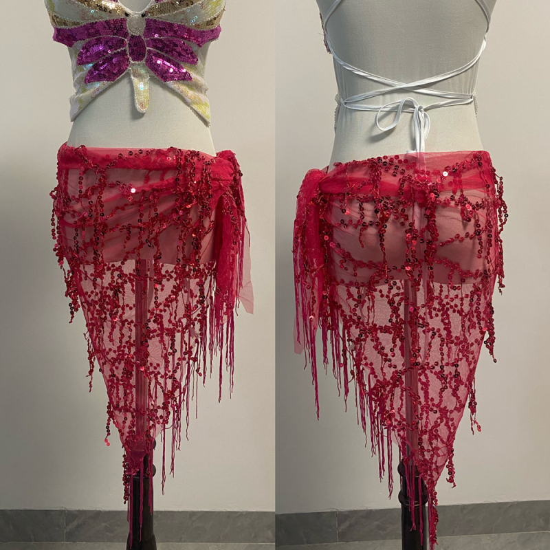 Pojas za ples Belly dance s perlama i resicama, trokutasti oblik, mrežasti materijal, šljokice, proljeće 2024, 90–95% poliester