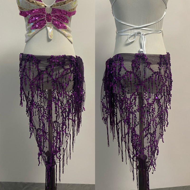 Pojas za ples Belly dance s perlama i resicama, trokutasti oblik, mrežasti materijal, šljokice, proljeće 2024, 90–95% poliester