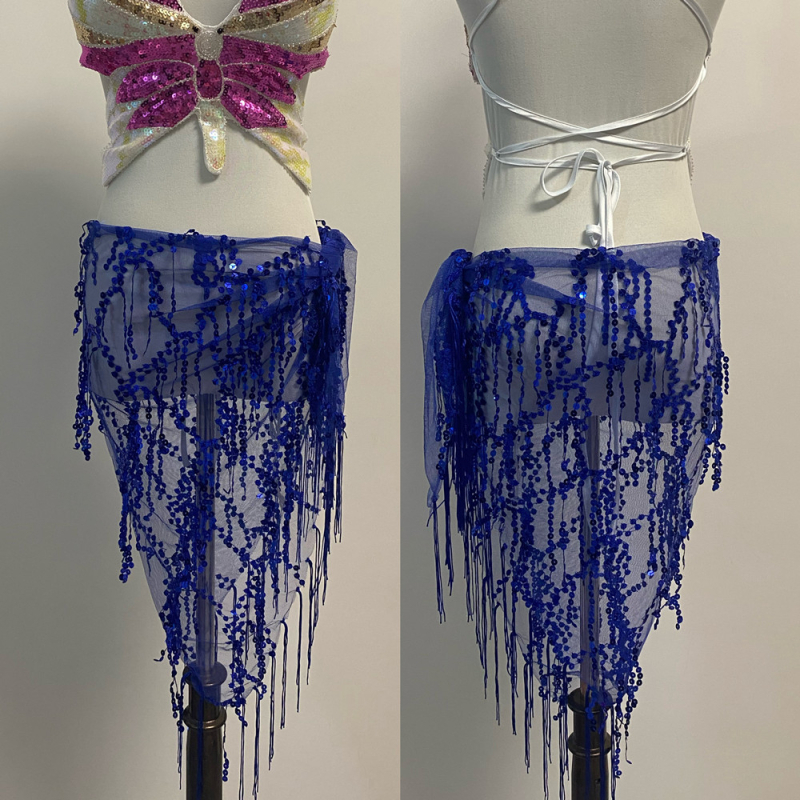 Pojas za ples Belly dance s perlama i resicama, trokutasti oblik, mrežasti materijal, šljokice, proljeće 2024, 90–95% poliester