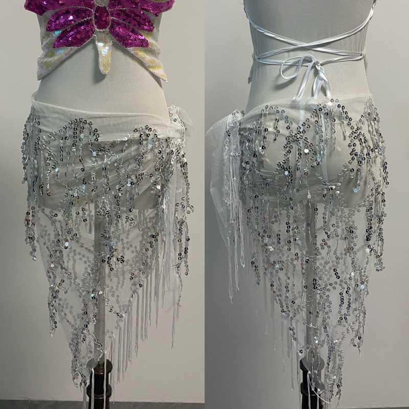 Pojas za ples Belly dance s perlama i resicama, trokutasti oblik, mrežasti materijal, šljokice, proljeće 2024, 90–95% poliester