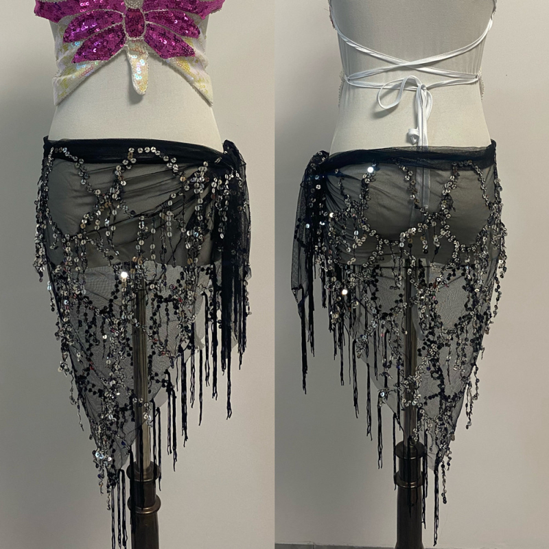 Pojas za ples Belly dance s perlama i resicama, trokutasti oblik, mrežasti materijal, šljokice, proljeće 2024, 90–95% poliester