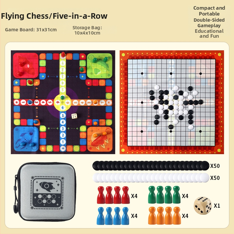 Ξύλινο πολυπαιχνιδιακό σετ με Flying Chess, Backgammon και Checkers; περιλαμβάνει θήκη μεταφοράς από ύφασμα; κατάλληλο για 14+ ετών; ενισχύει ευφυΐα και συντονισμό ματιού-χεριού.