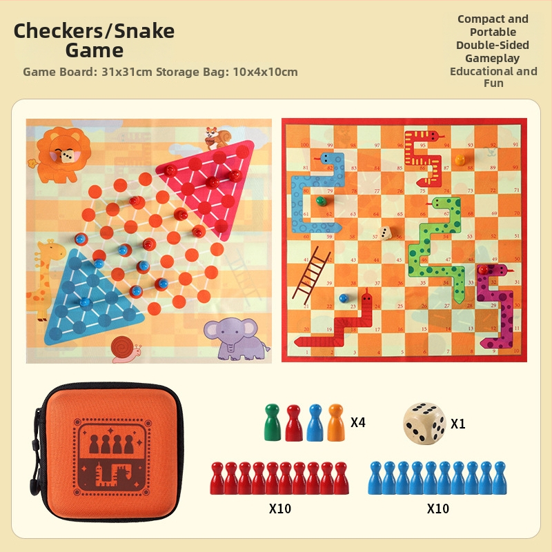 Ξύλινο πολυπαιχνιδιακό σετ με Flying Chess, Backgammon και Checkers; περιλαμβάνει θήκη μεταφοράς από ύφασμα; κατάλληλο για 14+ ετών; ενισχύει ευφυΐα και συντονισμό ματιού-χεριού.