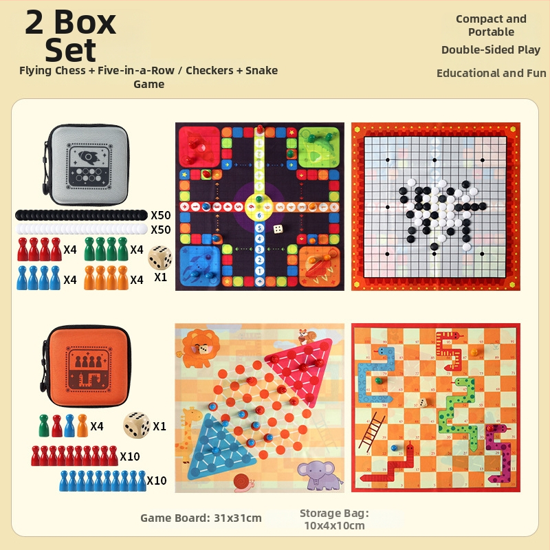Ξύλινο πολυπαιχνιδιακό σετ με Flying Chess, Backgammon και Checkers; περιλαμβάνει θήκη μεταφοράς από ύφασμα; κατάλληλο για 14+ ετών; ενισχύει ευφυΐα και συντονισμό ματιού-χεριού.