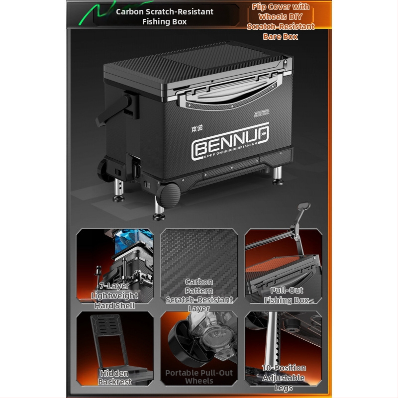 Ultraľahký rybársky box s PP materiálom, viacfunkčný sedací box s nastaviteľnou platformou pre nohy a kolieskami