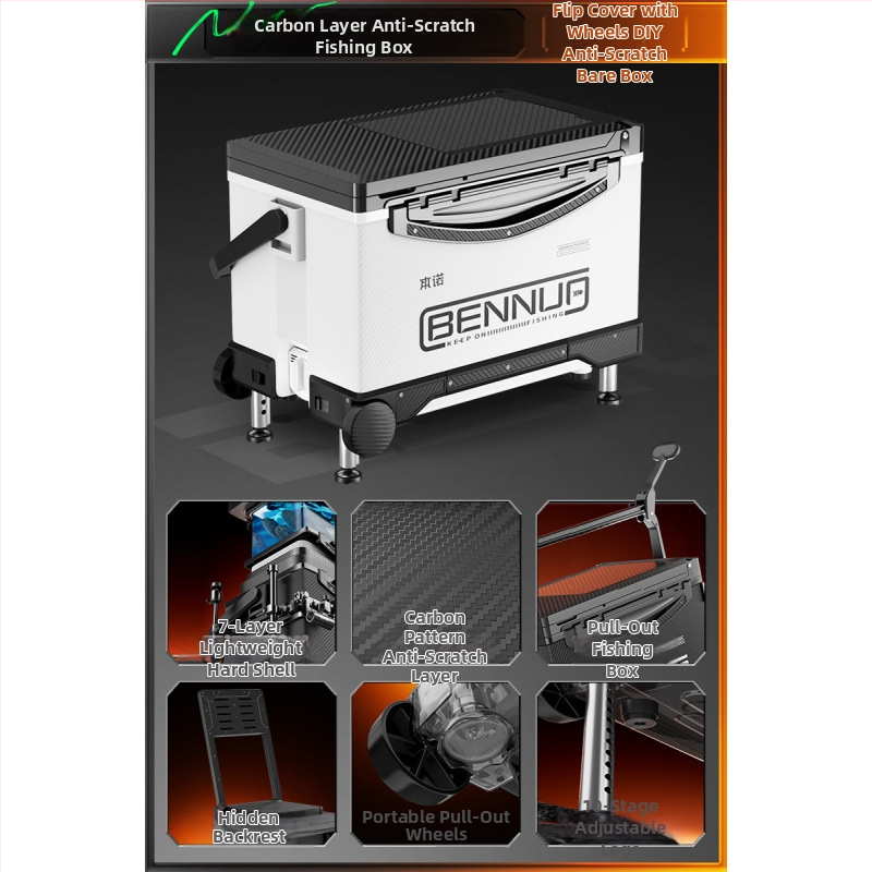 Ultraľahký rybársky box s PP materiálom, viacfunkčný sedací box s nastaviteľnou platformou pre nohy a kolieskami
