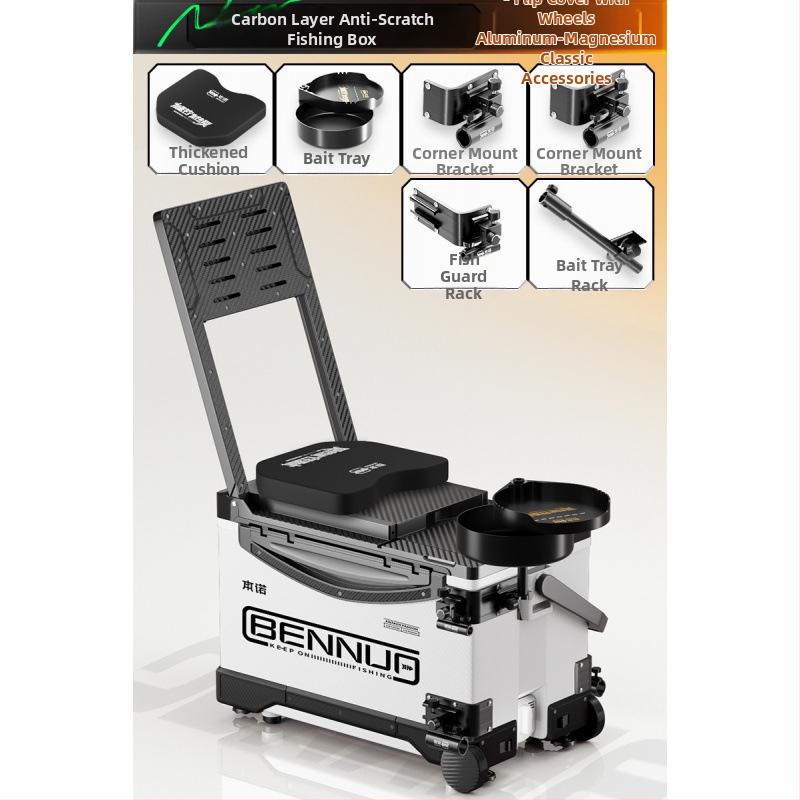 Ultraľahký rybársky box s PP materiálom, viacfunkčný sedací box s nastaviteľnou platformou pre nohy a kolieskami