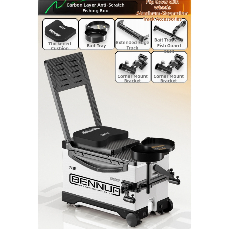 Ultraľahký rybársky box s PP materiálom, viacfunkčný sedací box s nastaviteľnou platformou pre nohy a kolieskami