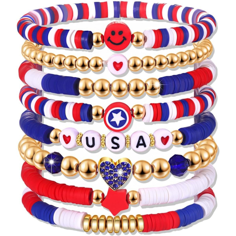 Női stackable puha agyagból készült karkötő készlet – kézzel készített, Függetlenség Napja, nyár 2025