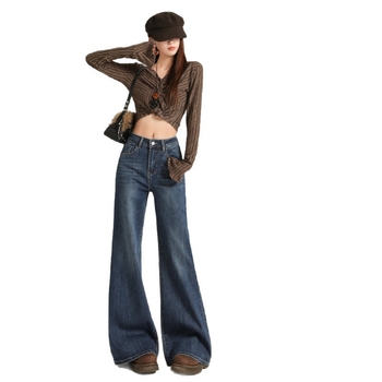 Traperice od denima s visokim strukom i proširenim krojem, s velurovim detaljima, mikroelastične, zimske