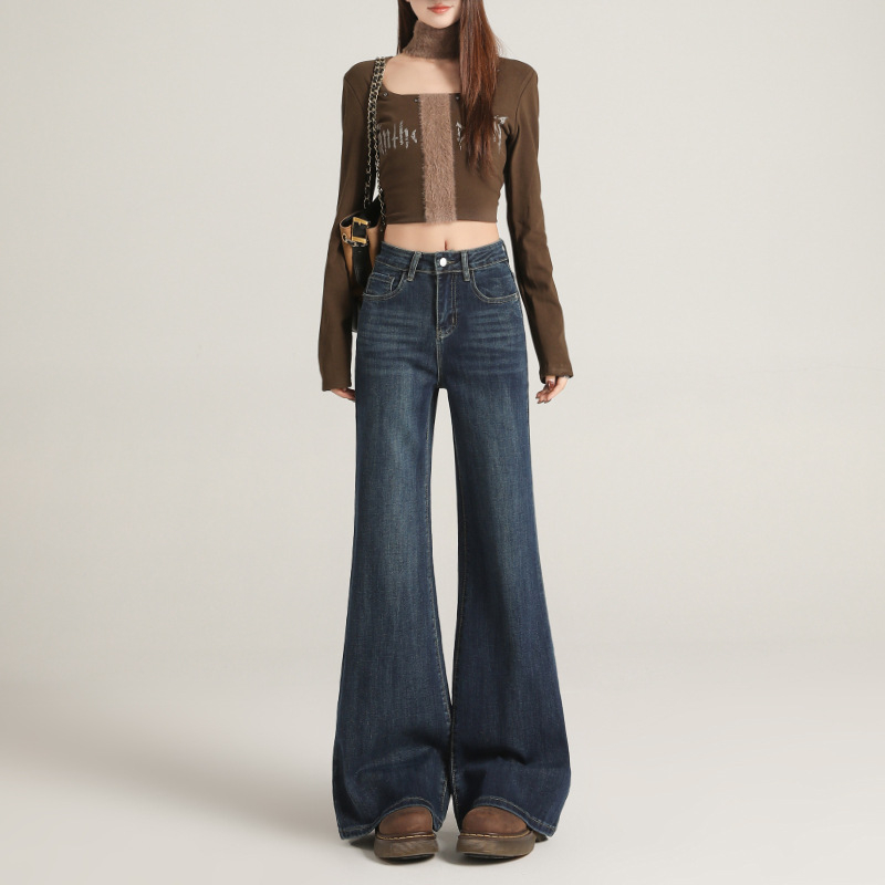 Traperice od denima s visokim strukom i proširenim krojem, s velurovim detaljima, mikroelastične, zimske