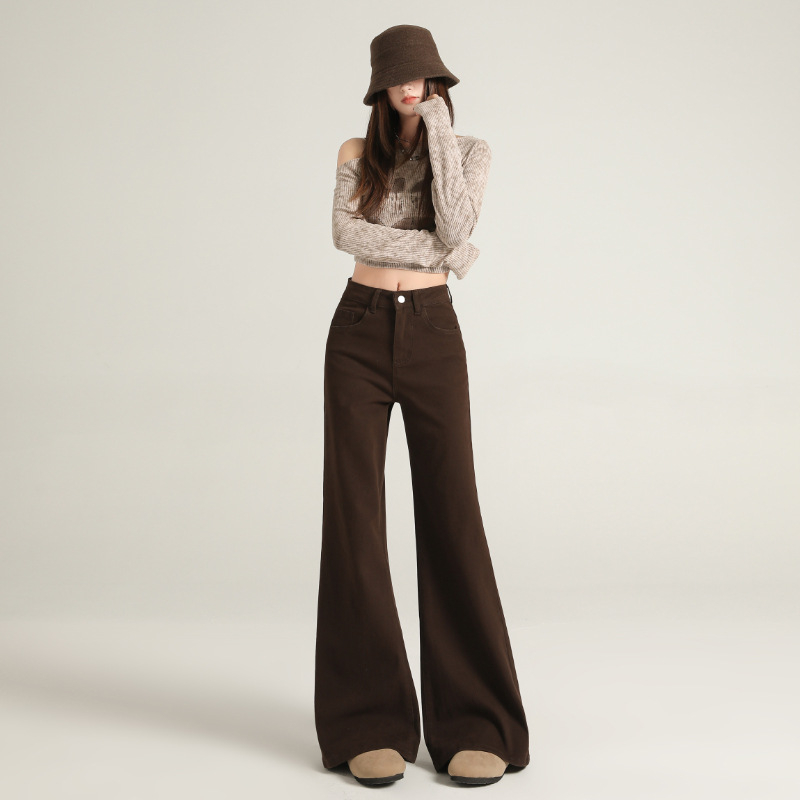 Traperice od denima s visokim strukom i proširenim krojem, s velurovim detaljima, mikroelastične, zimske