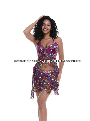 Scénický kostým na pole dance a belly dance s flitrami a strapcami, chiffon tkanina, nylon 50–70%, jar 2025