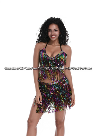 Scénický kostým na pole dance a belly dance s flitrami a strapcami, chiffon tkanina, nylon 50–70%, jar 2025