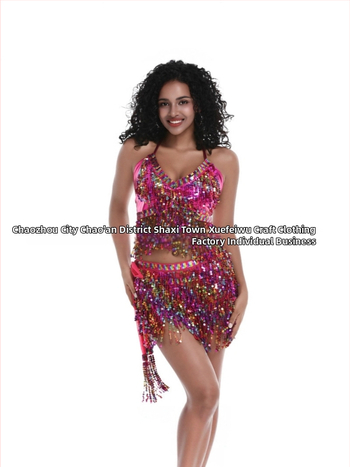 Scénický kostým na pole dance a belly dance s flitrami a strapcami, chiffon tkanina, nylon 50–70%, jar 2025
