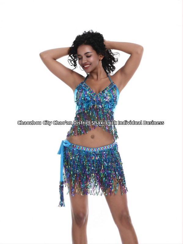 Scénický kostým na pole dance a belly dance s flitrami a strapcami, chiffon tkanina, nylon 50–70%, jar 2025