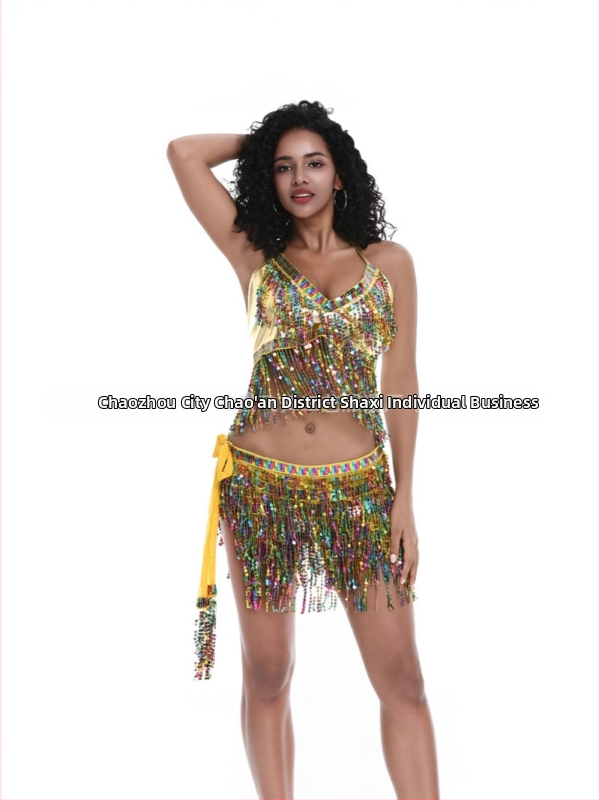 Scénický kostým na pole dance a belly dance s flitrami a strapcami, chiffon tkanina, nylon 50–70%, jar 2025