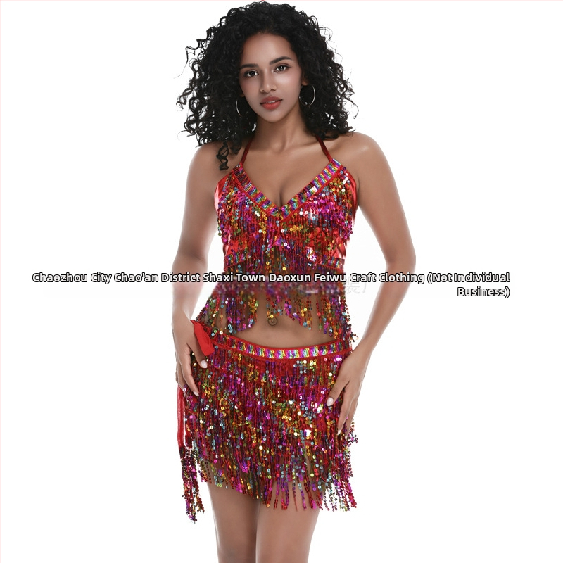 Scénický kostým na pole dance a belly dance s flitrami a strapcami, chiffon tkanina, nylon 50–70%, jar 2025