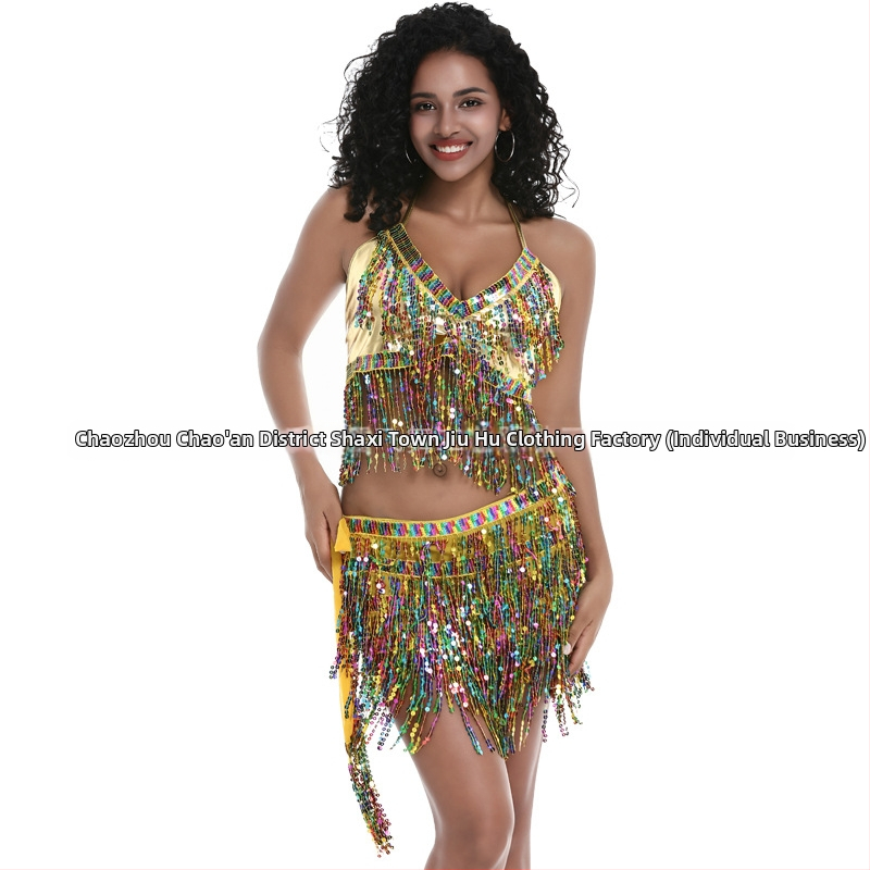 Scénický kostým na pole dance a belly dance s flitrami a strapcami, chiffon tkanina, nylon 50–70%, jar 2025