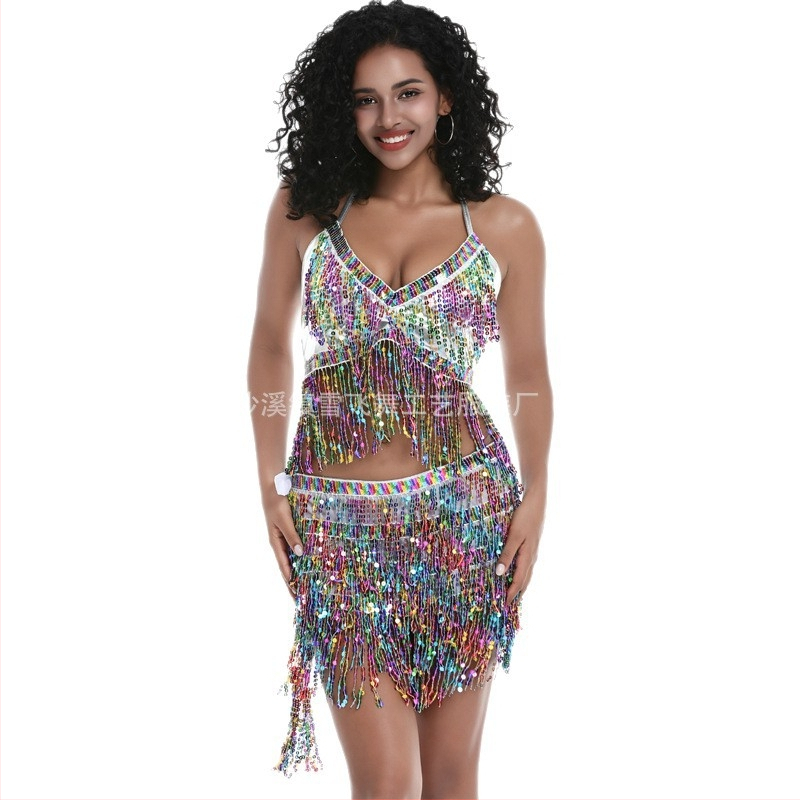 Scénický kostým na pole dance a belly dance s flitrami a strapcami, chiffon tkanina, nylon 50–70%, jar 2025
