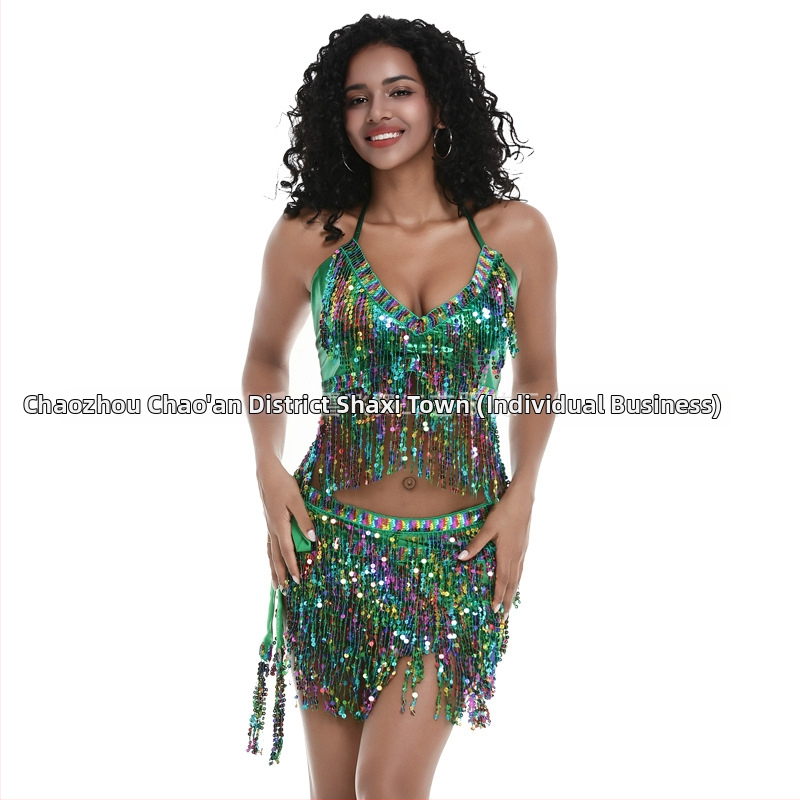 Scénický kostým na pole dance a belly dance s flitrami a strapcami, chiffon tkanina, nylon 50–70%, jar 2025