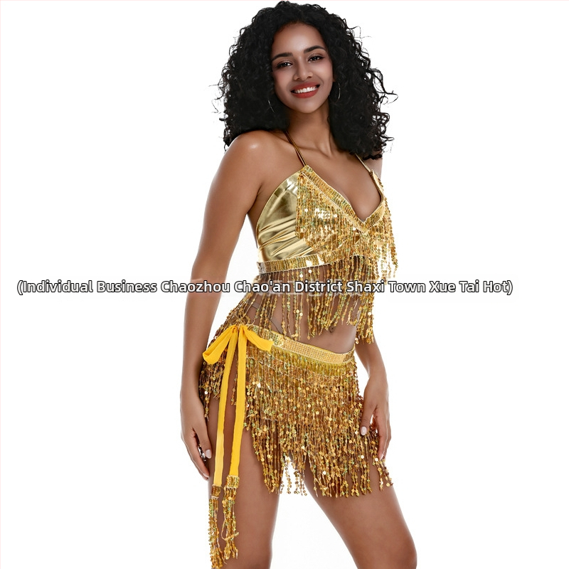 Scénický kostým na pole dance a belly dance s flitrami a strapcami, chiffon tkanina, nylon 50–70%, jar 2025