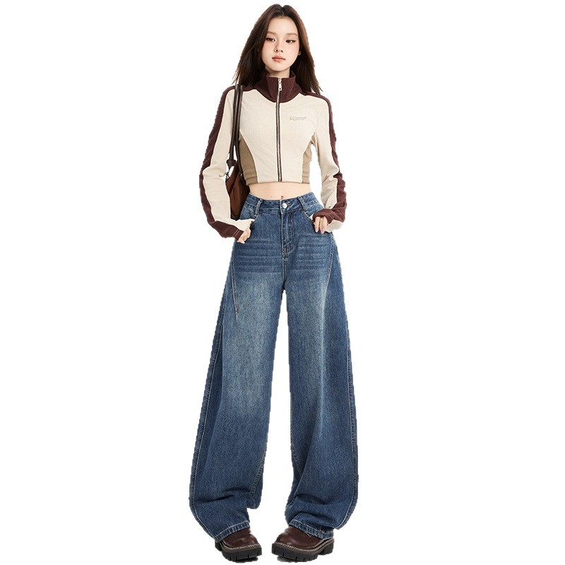 Ženske traperice od denima s flis podstavom, visoki struk, široki kroj, duljina do poda, debeli denim, 70-80% pamuka, jesen 2025