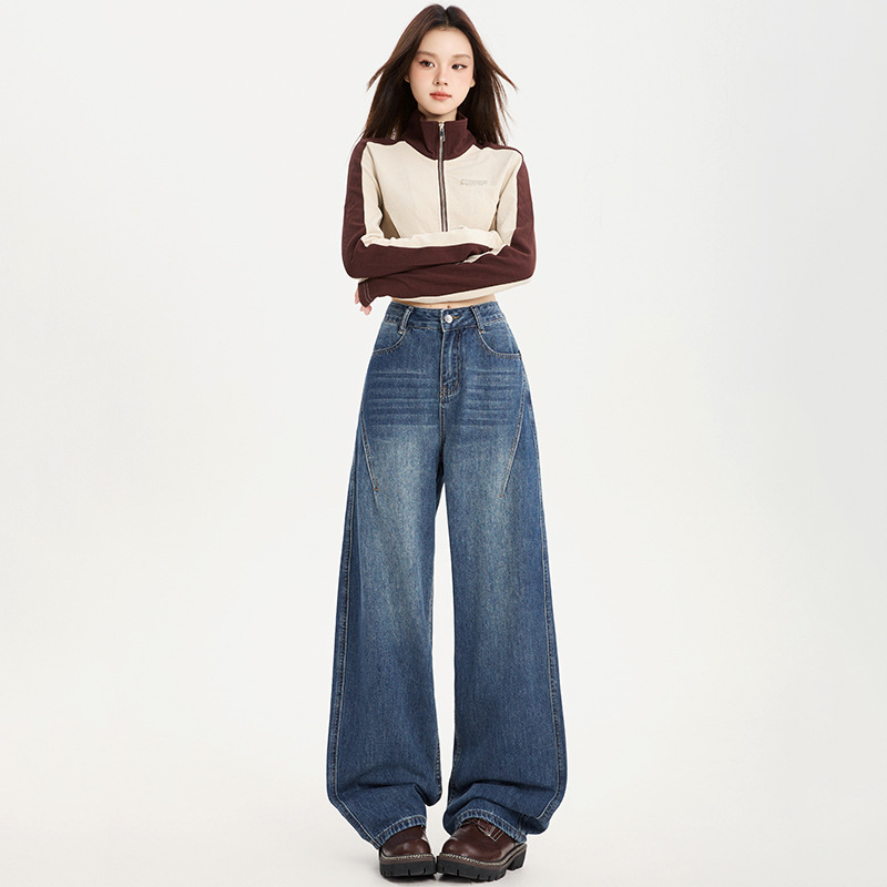 Ženske traperice od denima s flis podstavom, visoki struk, široki kroj, duljina do poda, debeli denim, 70-80% pamuka, jesen 2025