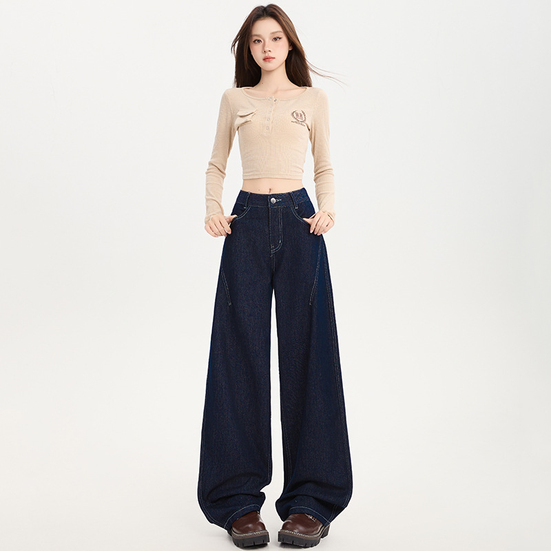 Ženske traperice od denima s flis podstavom, visoki struk, široki kroj, duljina do poda, debeli denim, 70-80% pamuka, jesen 2025