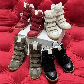 Női magas szárú sportcipő Velcro-záródással, rejtett magasságnövelő, felsőrész marhabőr, belső báránybőr, gumi talp