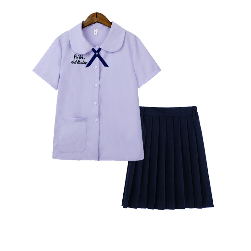 Školska košulja s uzorkom slova, kolegijalni stil, kratki rukavi, stojeći ovratnik, vezenje