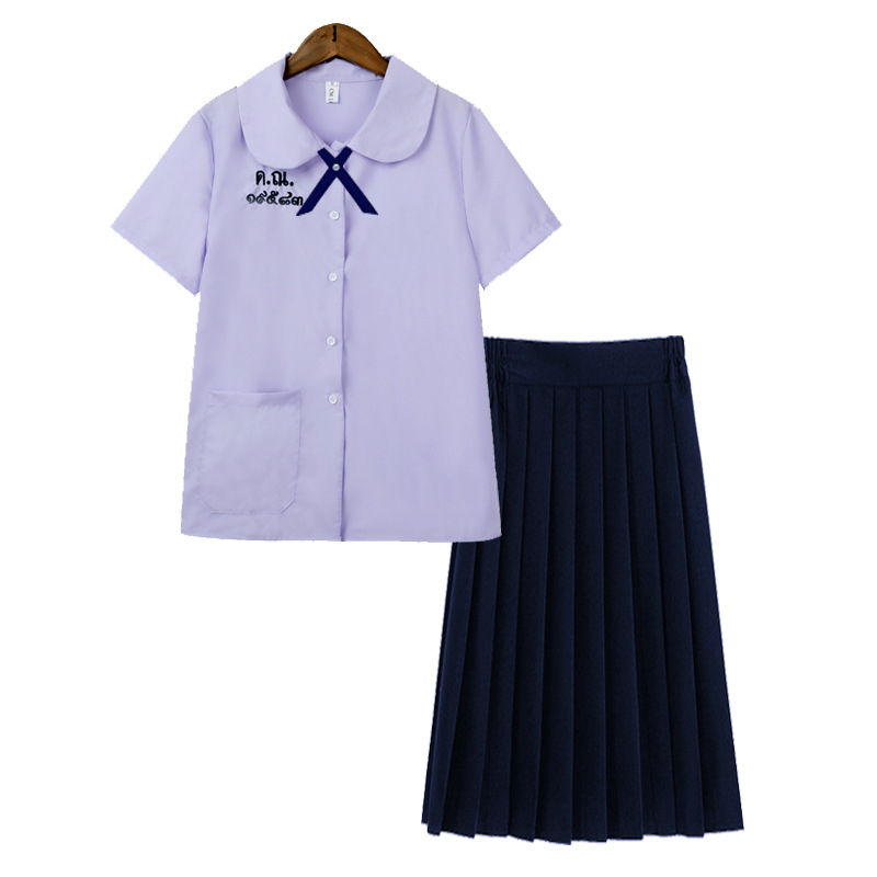 Školska košulja s uzorkom slova, kolegijalni stil, kratki rukavi, stojeći ovratnik, vezenje