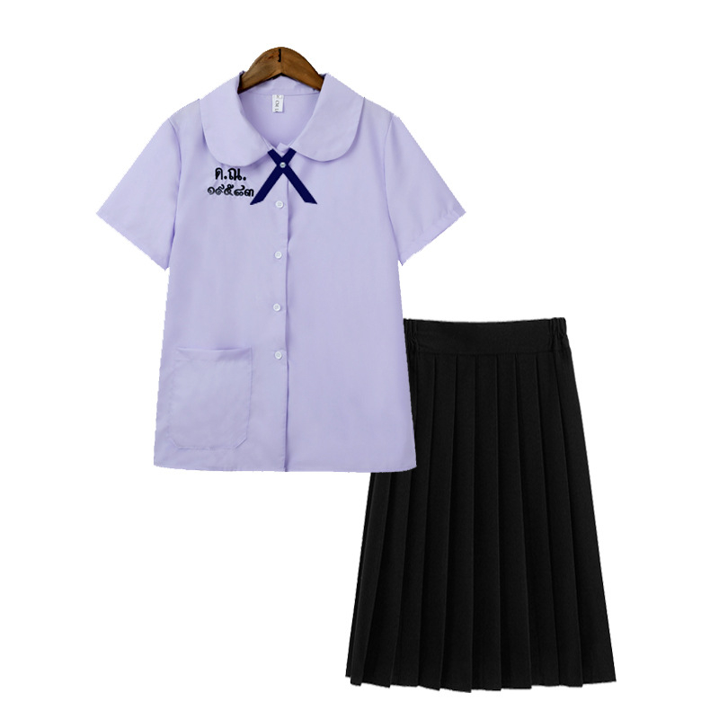 Školska košulja s uzorkom slova, kolegijalni stil, kratki rukavi, stojeći ovratnik, vezenje