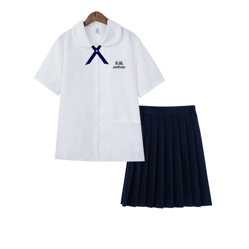 Školska košulja s uzorkom slova, kolegijalni stil, kratki rukavi, stojeći ovratnik, vezenje